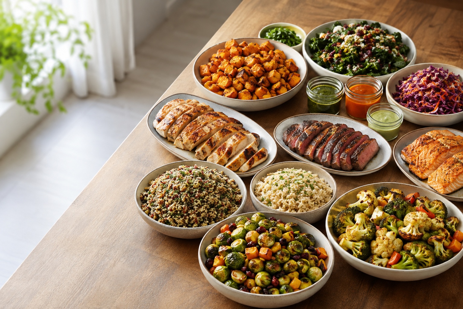 A realistic variety of prepared proteins, vegetables and sides for mix-and-match meals